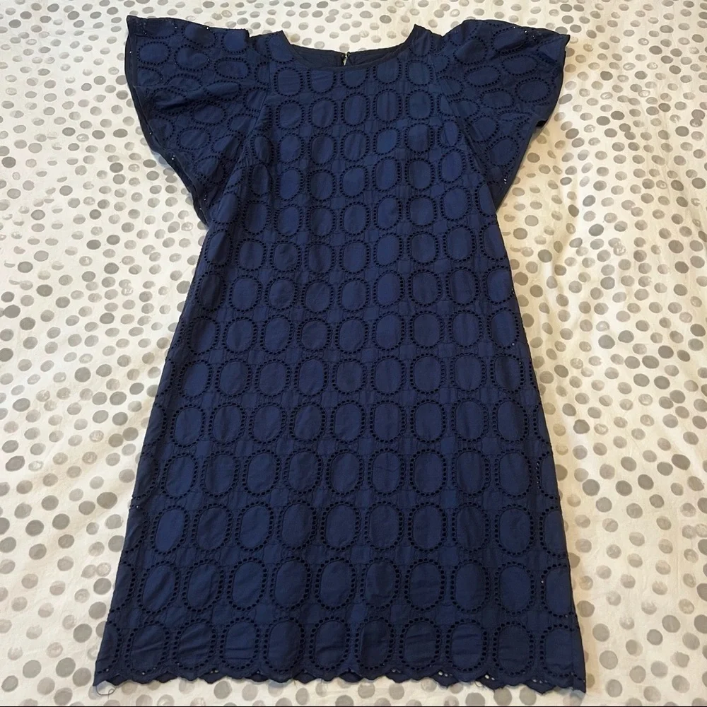 J. Crew Factory Scalloped Eyelet Navy Blue Shift Dress With Flutter Sleeve Sz 2